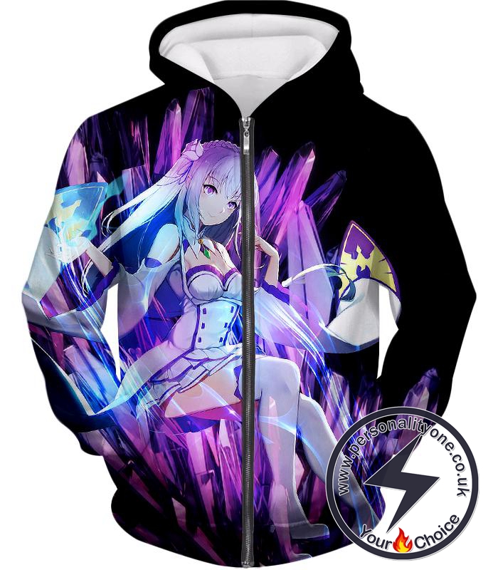 Re:Zero Cute Re:Zero Heroine Princess Emilia Black Zip Up Hoodie